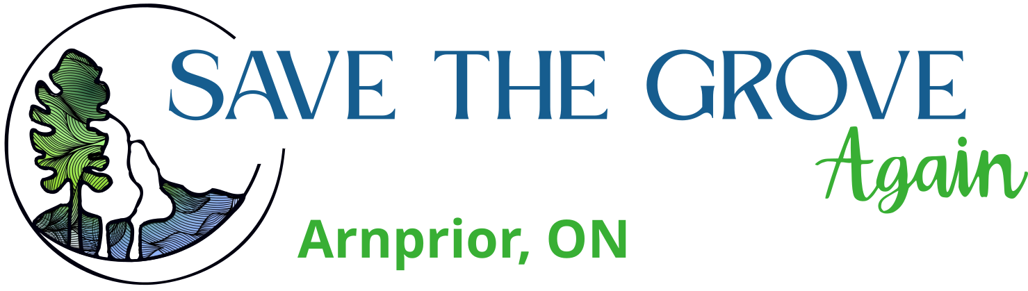 Logo with text - Save the Grove Again, followed by the text - Arnprior, Ontario